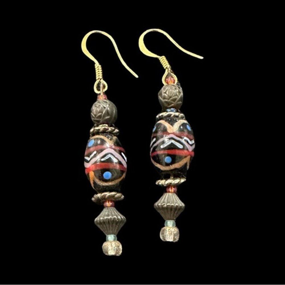 Handcrafted Dangle Earrings Glass Beaded Centers Red Silver Tone